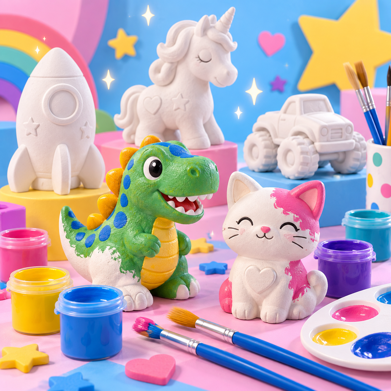 Colorful plaster figures with paints and brushes