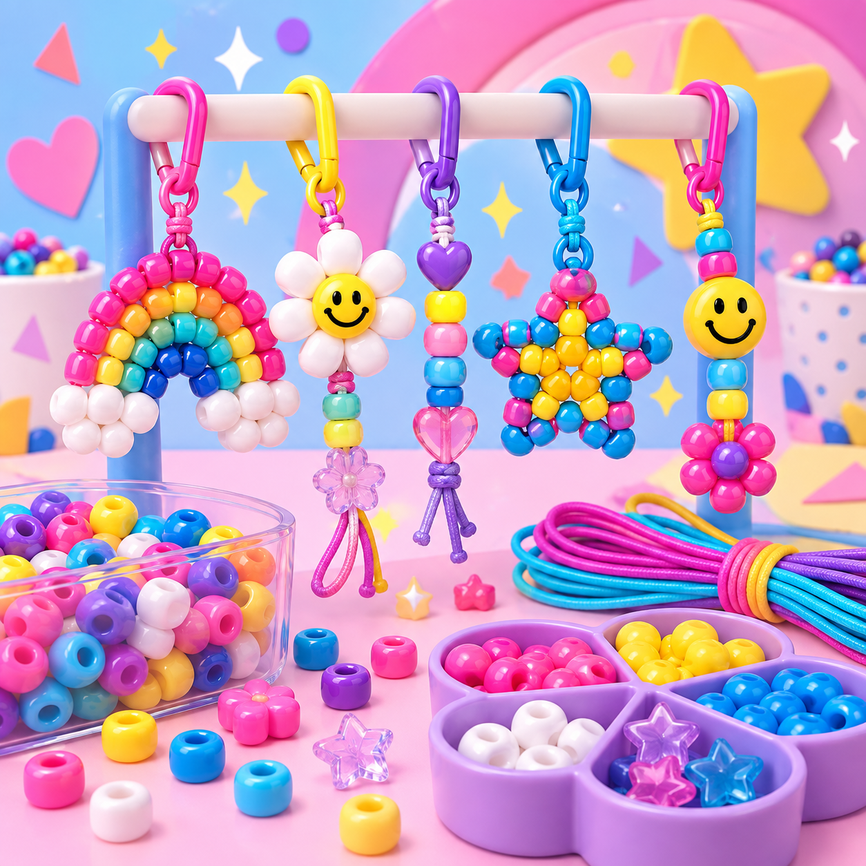 Colorful pony bead keychains and craft cord