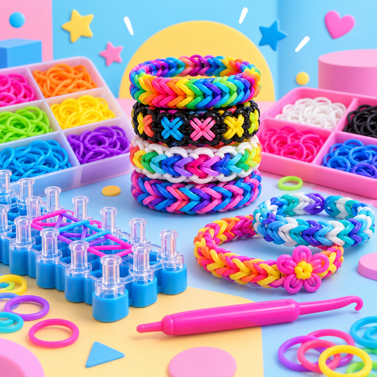 Colorful rainbow loom bracelets and rubber bands