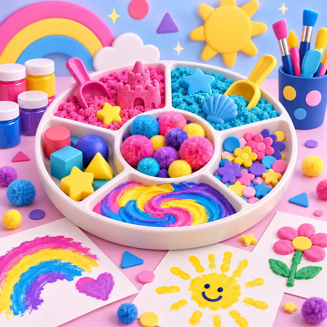 Bright sensory play tray and colorful children’s art