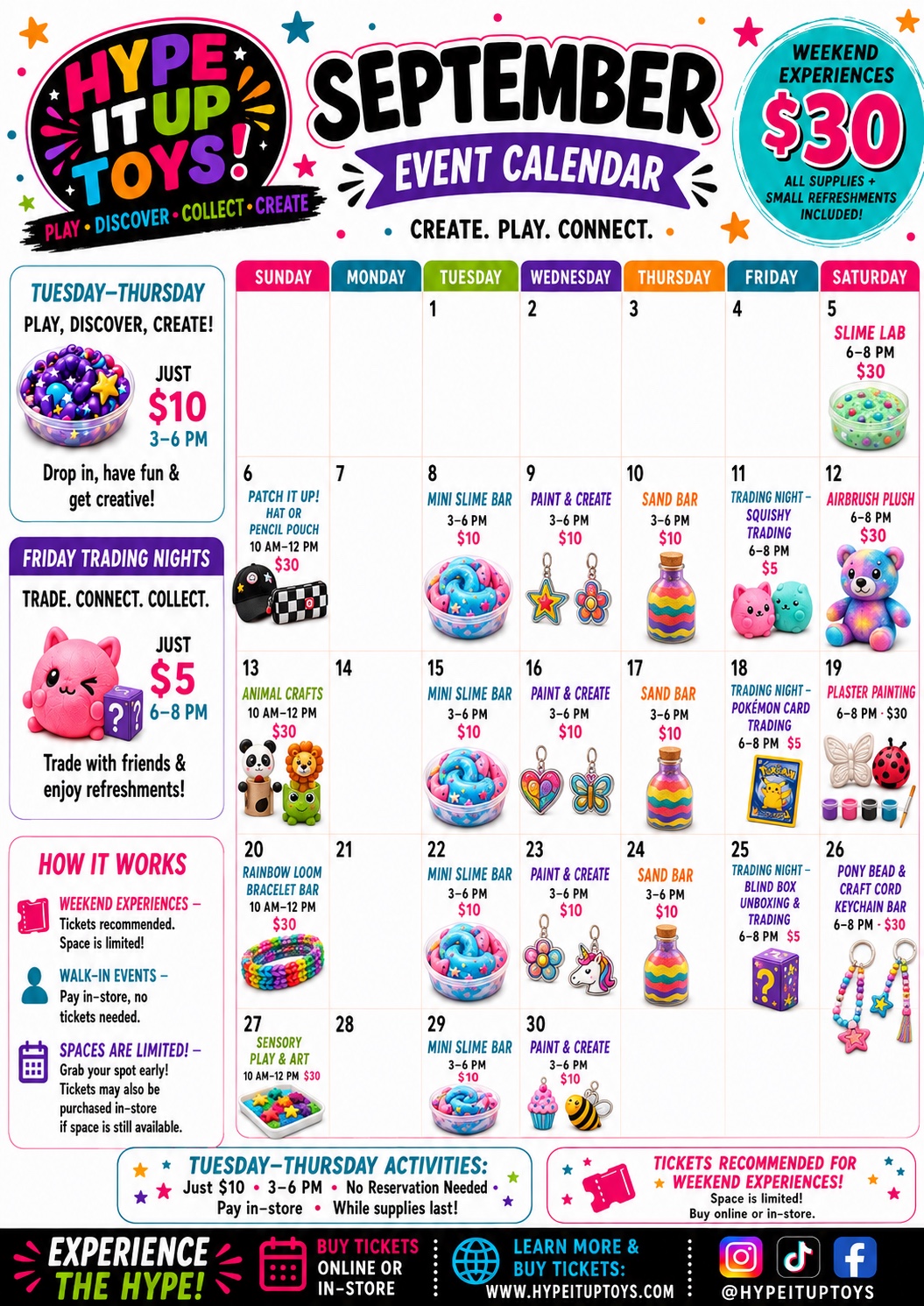 Hype It Up Toys September event calendar showing weekday drop-in activities, Friday trading nights, and weekend ticketed experiences
